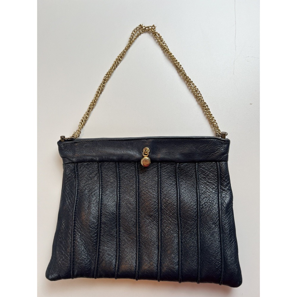 Vintage Ande Purse Leather Oyster Opening Navy/Gold 9 1/4" W X 7" H 1980's